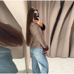 Faux Fur Cuffs Plaid Stand Collar Jacket