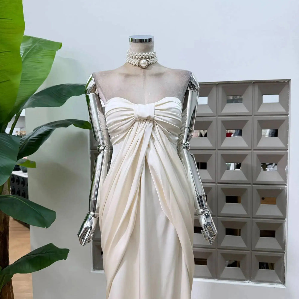 Satin ruched bodice draped maxi dress