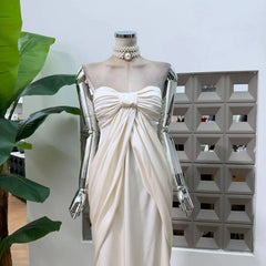 Satin ruched bodice draped maxi dress