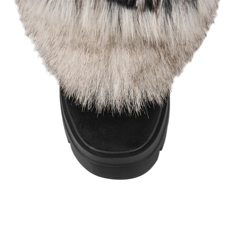 Top view of the round toe on faux fur platform boots.