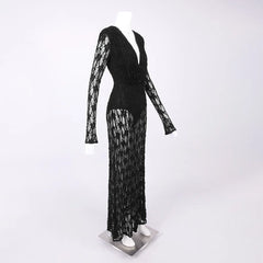 Black Sheer Lace Deep V-Neck Maxi Dress