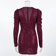 Puff Sleeve Deep Neck Sequin Mini Dress