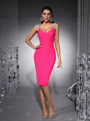 Hot pink crystal strap bodycon midi dress detail