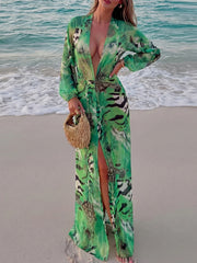 Green tiger print deep V maxi dress with long sleeves.