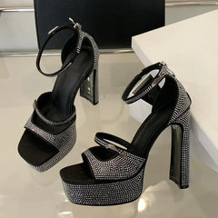 Crystal Open Toe Platform Square Heels Shoes