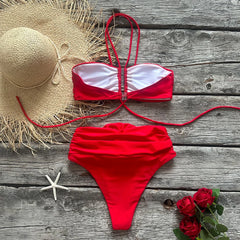 High-Waist Ruched Bikini with Rose Embellishment