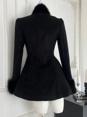 Fur Collar Black Woollen Coat Double Breasted Buckle Dress