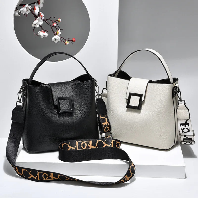 PU Leather Wide Strap Top-Handle Crossbody Shoulder Bag