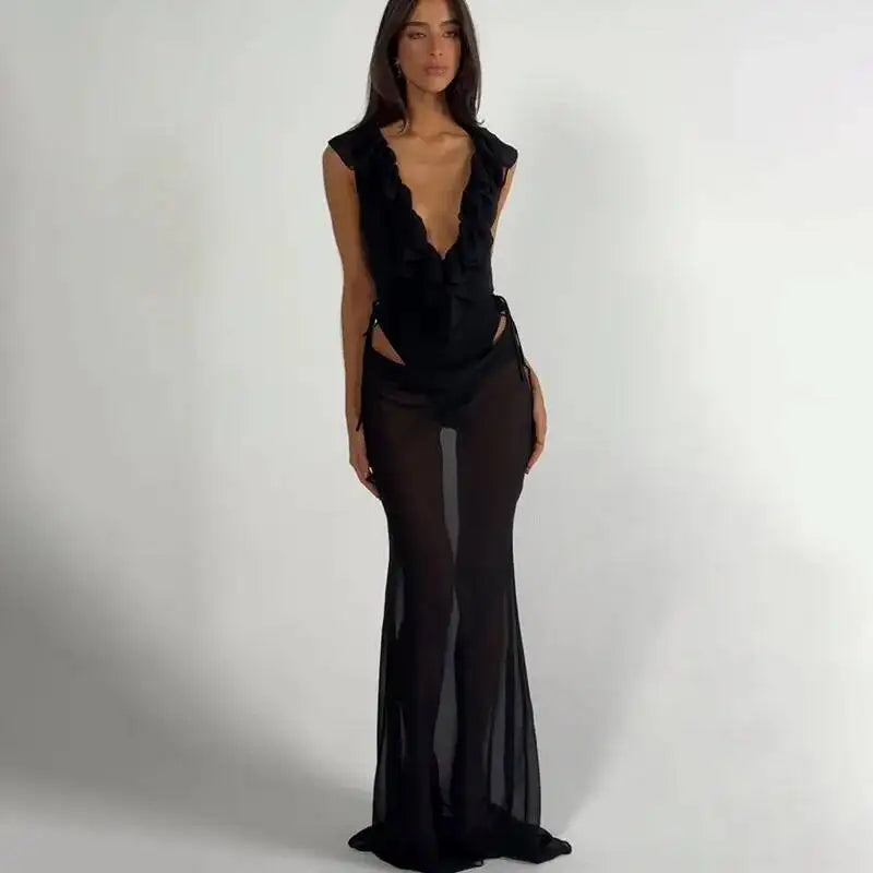 Black ruffled bodysuit and sheer maxi skirt set back detail