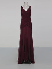 Ruched V-Neck Sheer-Hem Maxi Dress