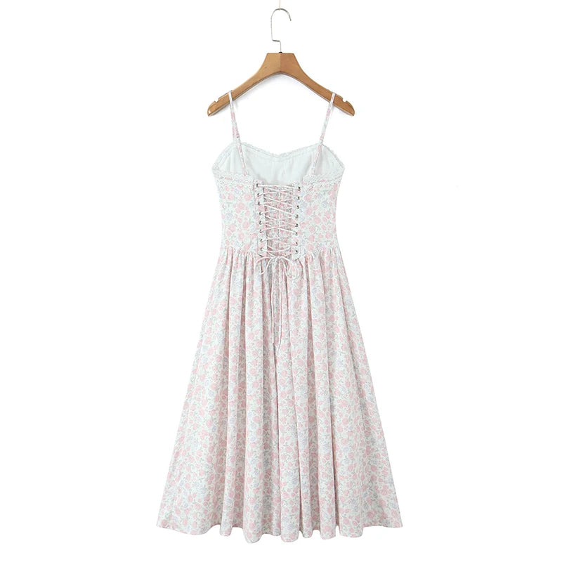 Ruched bodice lace-up back a-line midi dress back view
