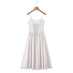 Ruched bodice lace-up back a-line midi dress back view