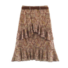 Paisley tiered ruffle belted midi skirt