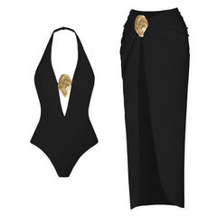 Halter Neck Plunge One-Piece Swimsuit and High-Slit Wrap Skirt Set