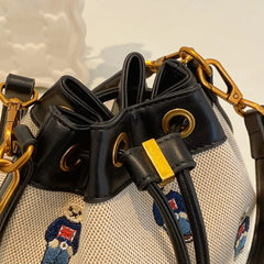 Embroidered Bear Canvas Drawstring Bucket Bag