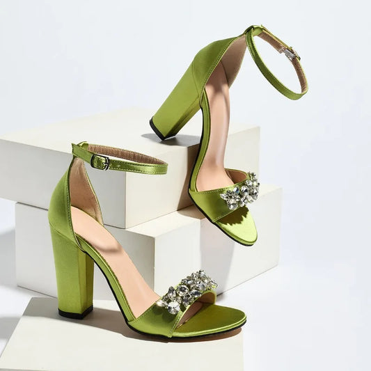 Green crystal embellished square heel ankle strap sandals