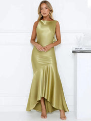 Satin Backless Asymmetrical Hem Maxi Dress