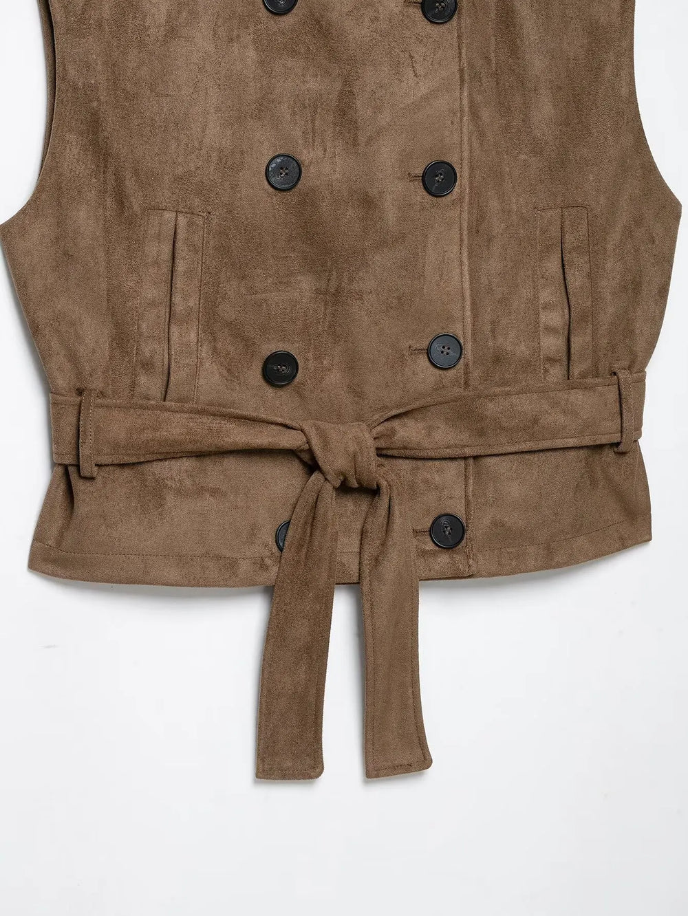 Close-up of faux suede double-breasted vest belt and buttons