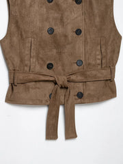 Close-up of faux suede double-breasted vest belt and buttons