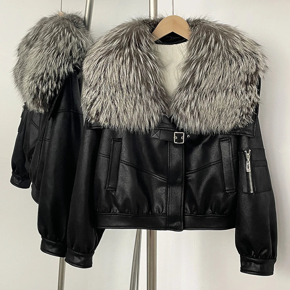 Black leather jacket with fur collar on a mannequin against a white background