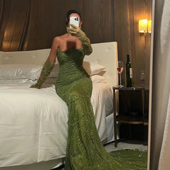 Mermaid Green Evening Dresses with Gloves Elegant Saudi Arabia Women Wedding Party Gowns  Golden Atelier3