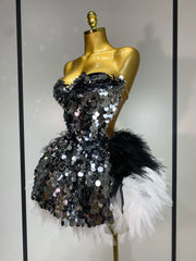 Black and white strapless sequin and feather mini dress side view