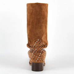 Rear view of brown faux suede boots with studded fold-over cuffs and block heels.