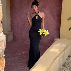 Gold Ring Halter Neck Column Maxi Dress