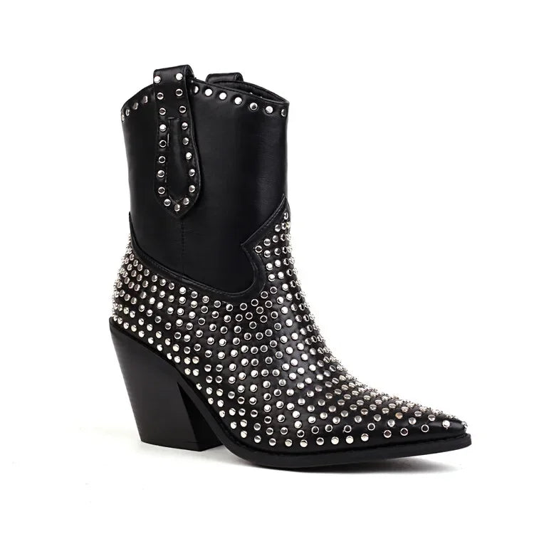 Black studded pointed toe block heel ankle boot