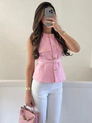 Tweed Belted Sleeveless Top