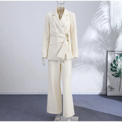 Ruched Waist Gold Buckle Blazer and Wide Leg Pants Set