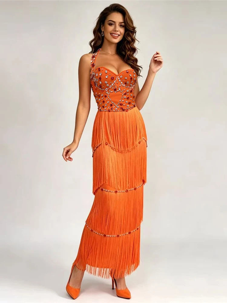 Orange beaded halter neck fringe dress front view