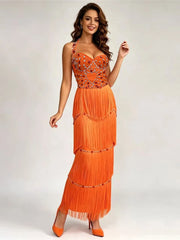 Orange beaded halter neck fringe dress front view