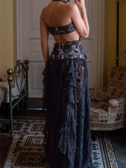 High Neck Cut Out Halter Lace Ruffle Maxi Dress