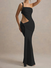 Black one-shoulder evening gown on a neutral background