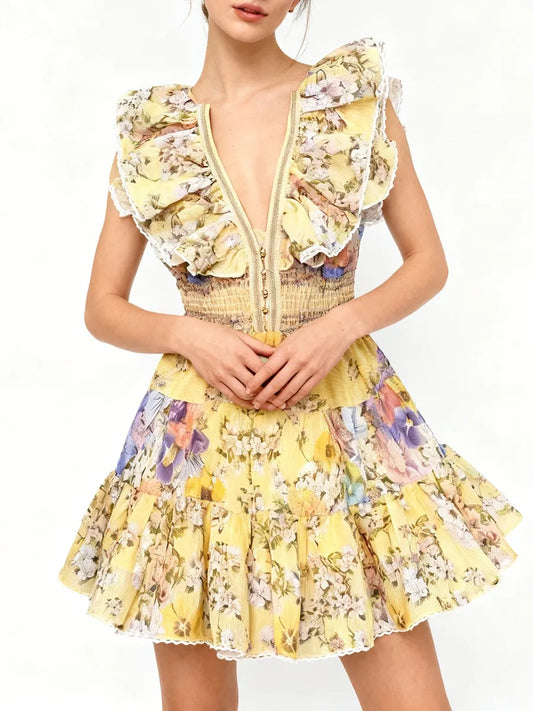 Ruffled V-neck sleeveless tiered mini dress with floral print