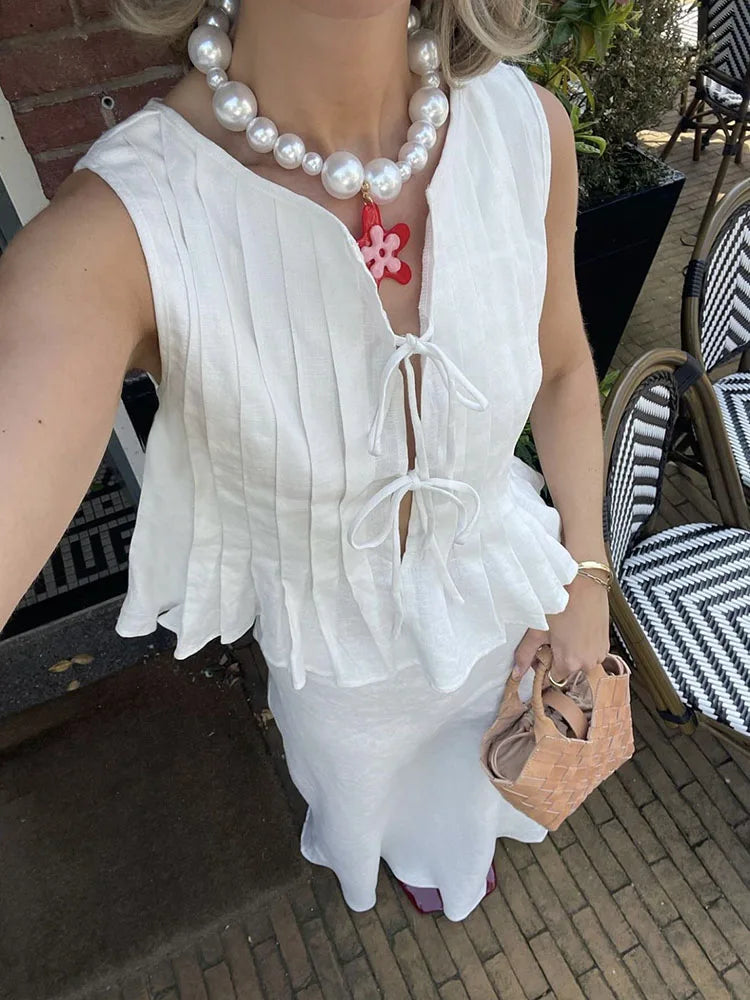 White Bandage Ribbed Hollow Out Lace-Up Vest Top