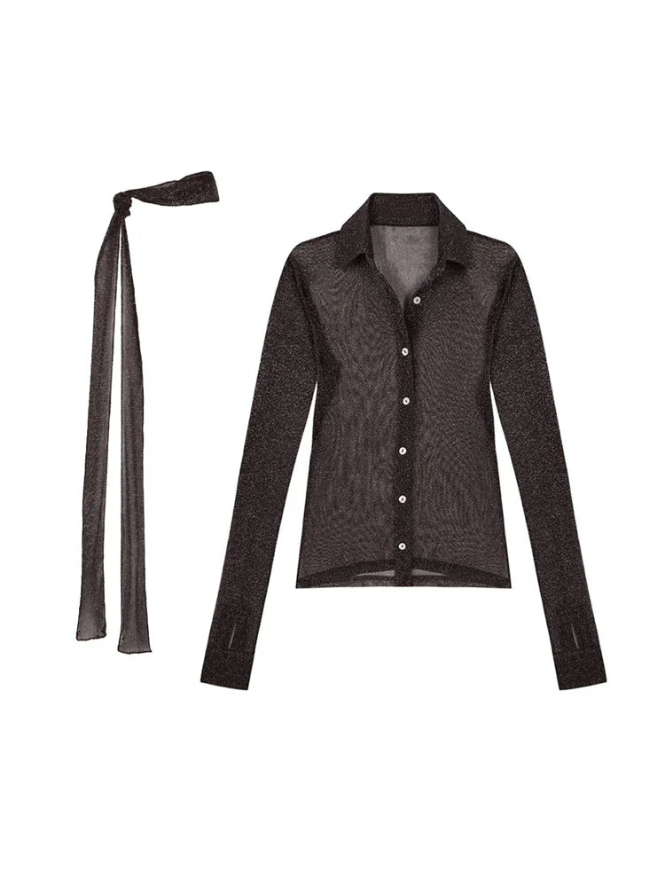 Dark gray cardigan with a long tie on a white background