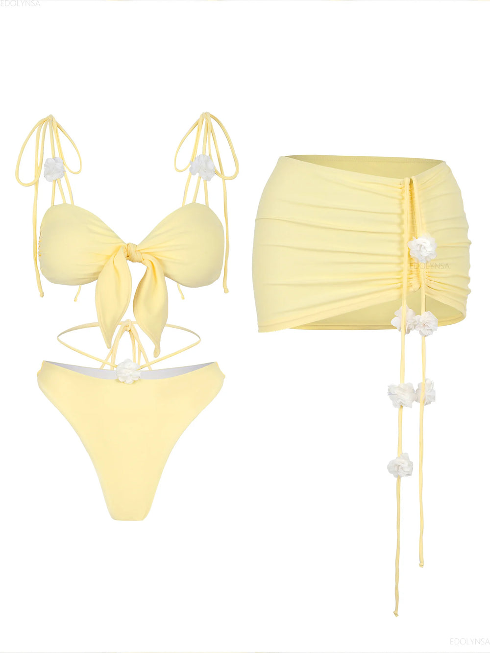 Yellow bow tie triangle bikini top and ruched skirt two-piece set with floral accents