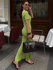 Knitted Short Sleeve Ruffle Maxi Dress