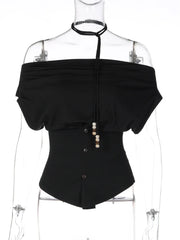 Off-Shoulder Ruched Bodice Top with Button Front
