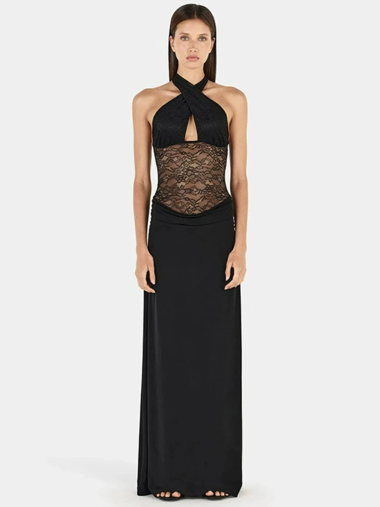 Halter neck maxi dress with black lace bodice and flowing black skirt