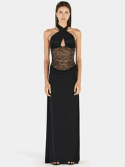 Halter neck maxi dress with black lace bodice and flowing black skirt