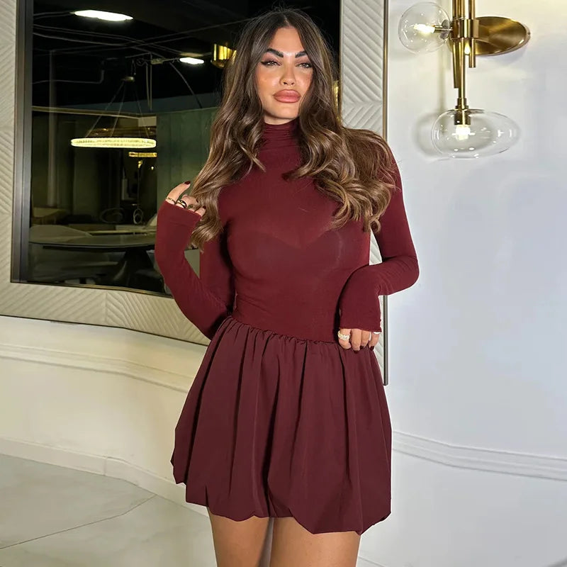 Red Long Sleeve Turtleneck Bud Mini Dress