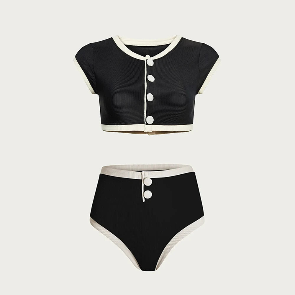 Flat lay of ribbed contrast trim bikini