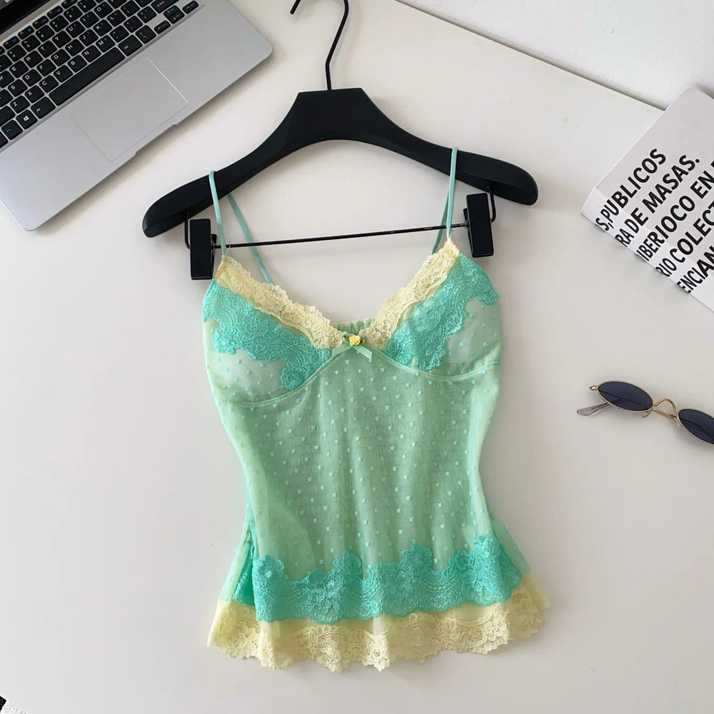 Green Polka Dot Lace Strap Top