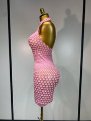 Pink sequin halter mini dress side profile