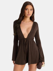 Plunge neck bell sleeve playsuit detail