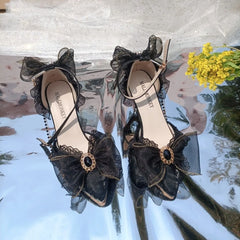 Handmade Flower Dark Black Pointed Thin Heeled Shoes