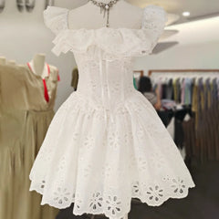 Off-the-Shoulder Ruffled Eyelet Mini Dress